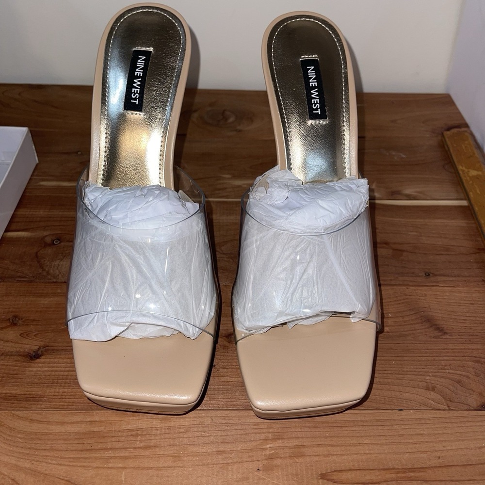 NIB Nine West PLATFORM Warm Blush Pink Ansel Faux Leather Clear Mules 10.5 - Picture 2 of 9